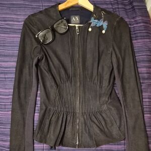 Armani Exchange Women's Blueish Black Fitted Suede Jacket